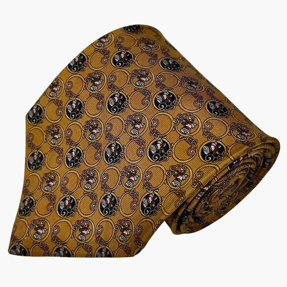 Vintage Brooks Basics Pure Silk Gold Jingle Bell Christmas Necktie Tie